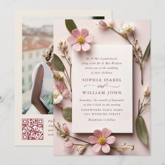 Pastel Pink Boho Wildblumen Hochzeiten QR-Code-Fot Einladung (Vorne/Hinten)
