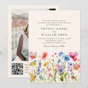 Pastel Pink Boho Wildblumen Hochzeiten QR-Code-Fot Einladung