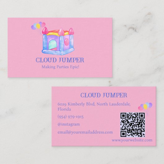 Pastel Pink Bounce House Rentals QR-Code Visitenkarte (Vorne/Hinten)