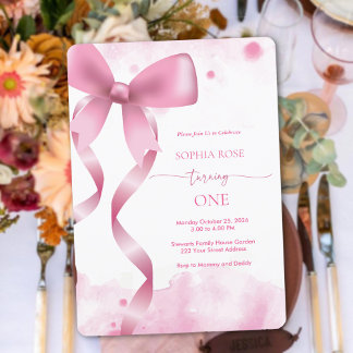 Pastel Pink Bow Baby Girl 1. Geburtstagsästhetik Einladung