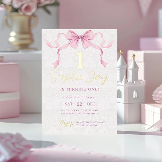 Pastel Pink Bow & Elegante Gold Script Geburtstag Folieneinladung