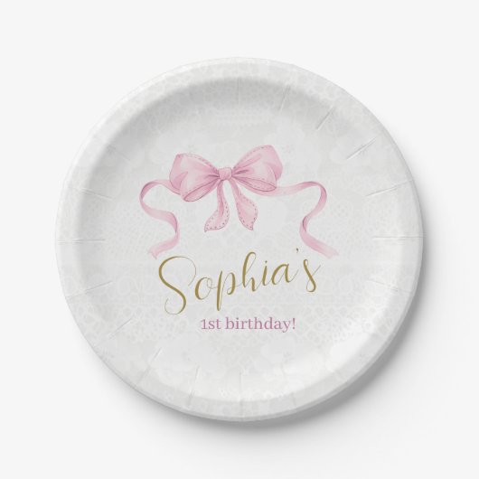 Pastel Pink Bow & Elegante Gold Script Geburtstag Pappteller (Vorderseite)