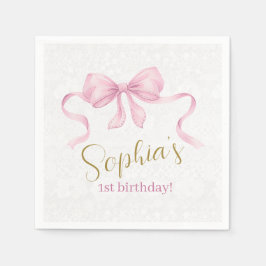 Pastel Pink Bow & Elegante Gold Script Geburtstag Serviette