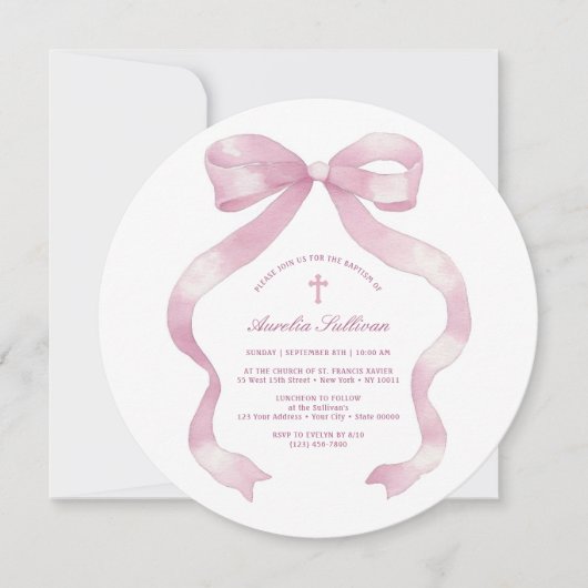 Pastel Pink Bow Taufe Einladung (Vorderseite)