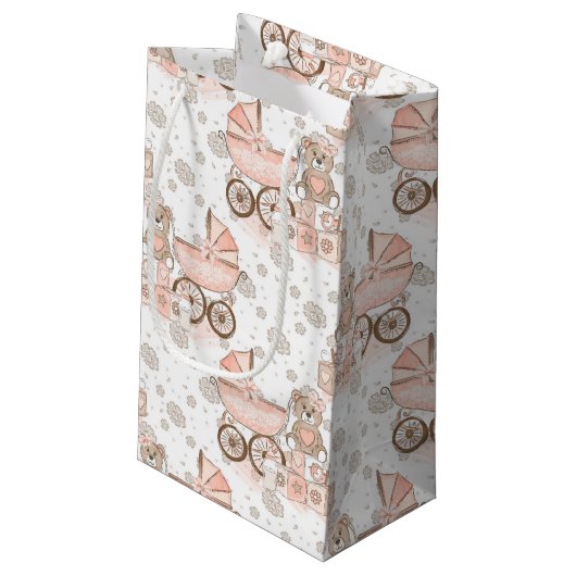 PASTEL PINK & BROWN BABY BLOCKS BEARS PRAMS KLEINE GESCHENKTÜTE (Rückseite Schrägansicht)