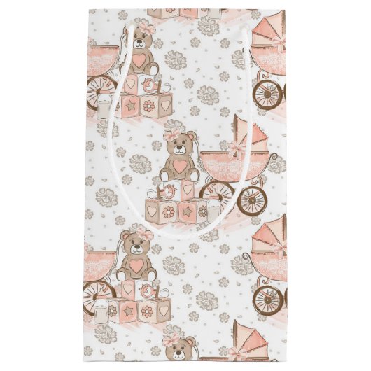 PASTEL PINK & BROWN BABY BLOCKS BEARS PRAMS KLEINE GESCHENKTÜTE (Vorderseite)