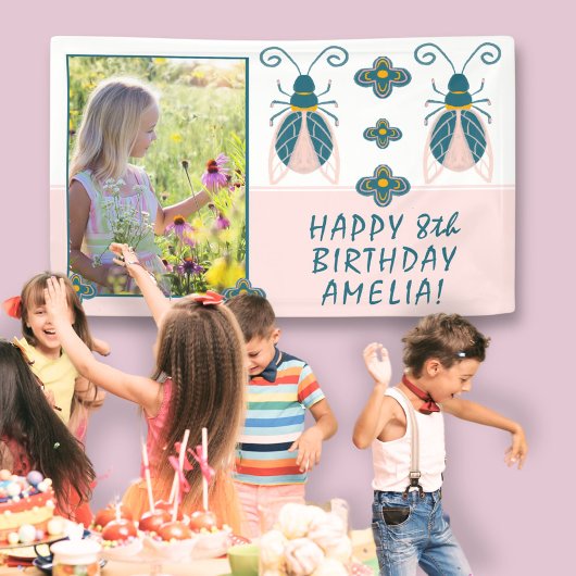 Pastel Pink Bugs Flower Girl Foto Geburtstag Banner