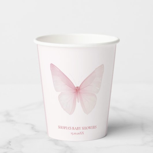 "Pastel Pink Butterfly Babydusche Pappbecher (Rückseite)