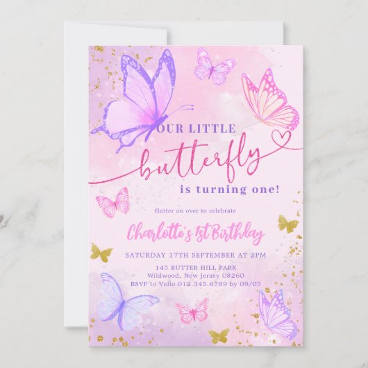 Pastel Pink Butterfly Geburtstag Einladung (Vorderseite)