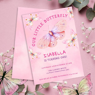 Pastel Pink Butterfly Thema Girl's 1. Geburtstag Einladung