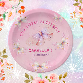 Pastel Pink Butterfly Thema Girl's 1. Geburtstag Pappteller