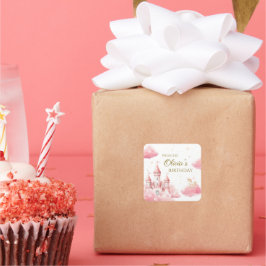 Pastel Pink Castle Princess Birthday Girl Quadratischer Aufkleber