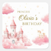 Pastel Pink Castle Princess Birthday Girl Quadratischer Aufkleber (Vorderseite)