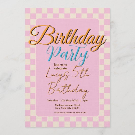 Pastel Pink Checkered Birthday Party Einladung (Vorderseite)