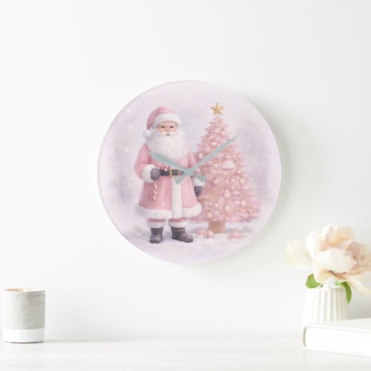 Pastel Pink Christmas Santa  Große Wanduhr (Zuhause)