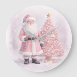 Pastel Pink Christmas Santa Große Wanduhr