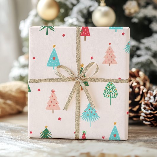 Pastel Pink Christmas Trees Whimsical Holiday Geschenkpapier