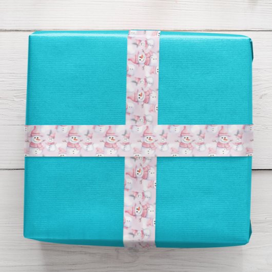 Pastel Pink Christmas Watercolor Snowman Satinband