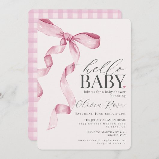 Pastel Pink Coquette Bow Girl Babydusche Einladung (Vorne/Hinten)