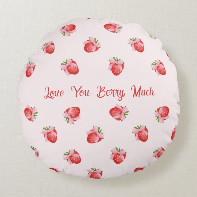 Pastel Pink Coquette Strawberry Personalisiert Rundes Kissen (Vorderseite)