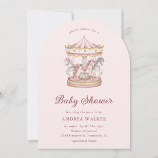 Pastel Pink Cute Carousel Girl Baby Shower Arch Einladung