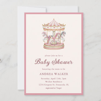 Pastel Pink Cute Carousel Girl Baby Shower Einladung