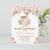 Pastel Pink Deer Baby Girl Dusche Wasserfarbe Peon Einladung (Stehend Vorderseite)