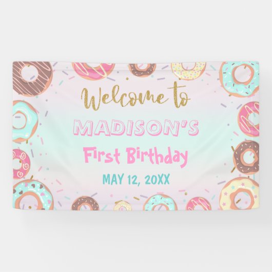 Pastel Pink Donut Geburtstag Aufwachsen Party Hint Banner (Horizontal)