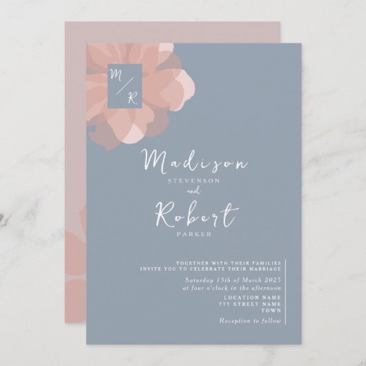 Pastel Pink Dusty Blue Floral Wedding Einladung (Vorne/Hinten)