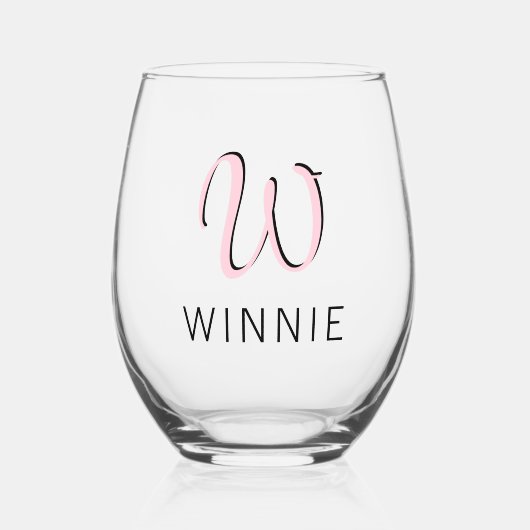 Pastel Pink Elegant Initial Black Name | Modern Weinglas Ohne Stiel (Vorderseite)