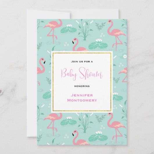 Pastel Pink Flamingos auf Green Pattern Baby Dusch Einladung (Vorderseite)