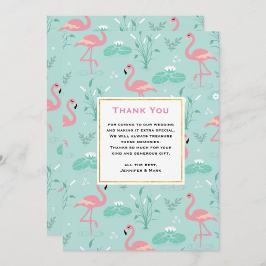 Pastel Pink Flamingos auf grüner Patternhochzeit Dankeskarte (Vorne/Hinten)