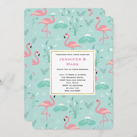 Pastel Pink Flamingos auf grüner Patternhochzeit Einladung (Vorne/Hinten)