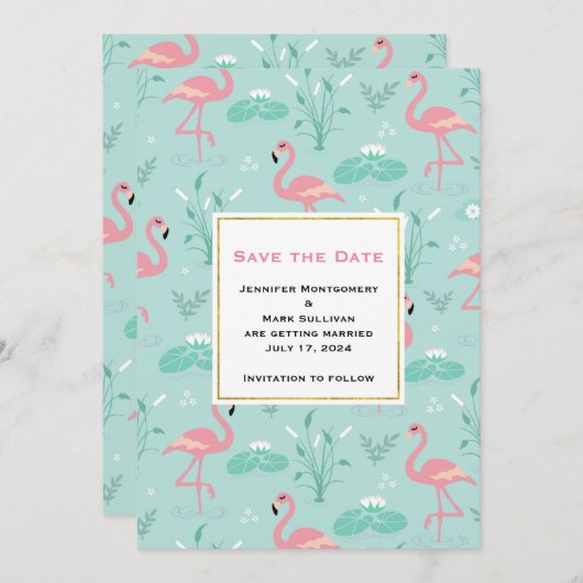 Pastel Pink Flamingos auf grüner Patternhochzeit Save The Date (Vorne/Hinten)