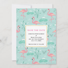 Pastel Pink Flamingos auf grüner Patternhochzeit Save The Date