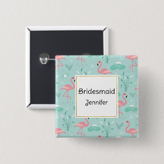 Pastel Pink Flamingos Green Muster Bridesmaid Button (Vorne & Hinten)
