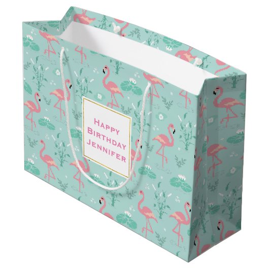 Pastel Pink Flamingos Green Pattern Geburtstag Große Geschenktüte (Rückseite Schrägansicht)