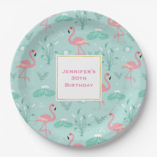 Pastel Pink Flamingos Green Pattern Geburtstag Pappteller
