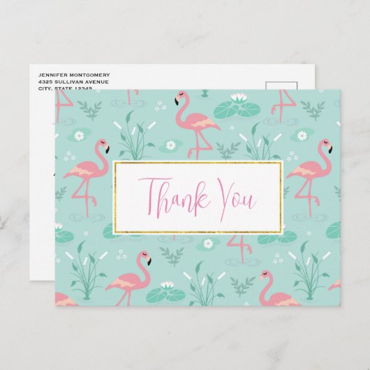Pastel Pink Flamingos Green Pattern Vielen Dank Postkarte (Vorne/Hinten)