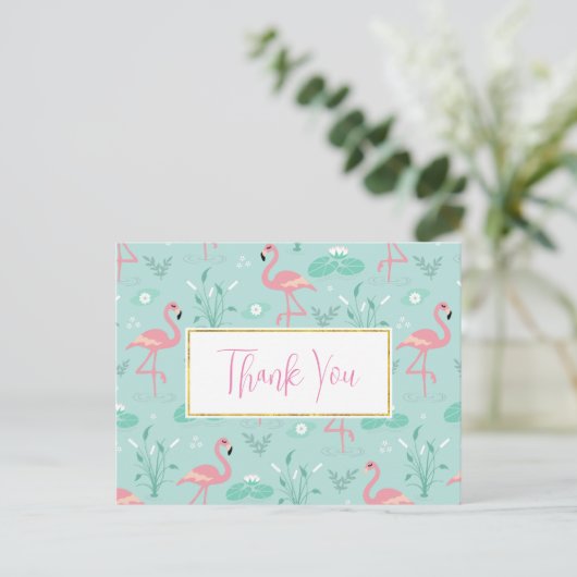 Pastel Pink Flamingos Green Pattern Vielen Dank Postkarte (Stehend Vorderseite)