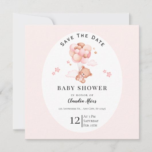 Pastel Pink Floral Baby Dusche Save the Date (Vorderseite)