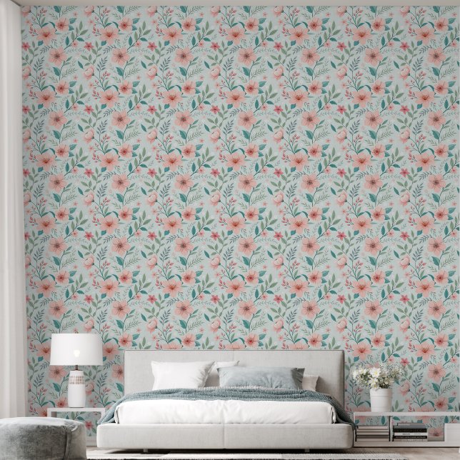 Pastel Pink Floral Botanical Wallpaper Tapete (Schlafzimmer)