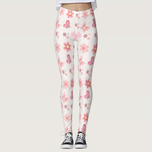 Pastel Pink Floral & Butterfly Pattern Leggings (Vorderseite)