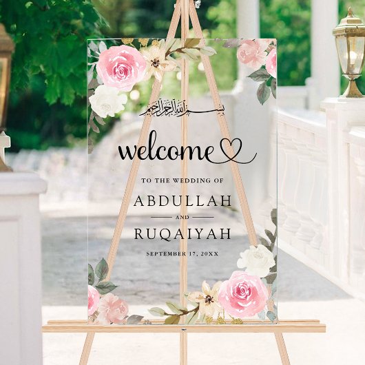 Pastel Pink Floral Muslim Wedding Welcome Acrylschild
