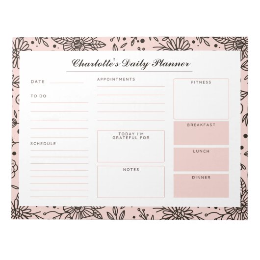 Pastel Pink Floral Print Custom Daily Desk Planner Notizblock (Vorderseite)