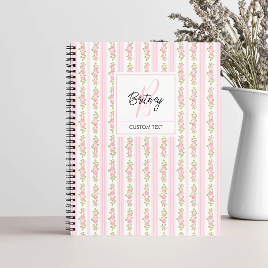Pastel Pink Flowers and Stripes Coquette Monogram  Notizblock