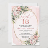 Pastel Pink Flowers Greenery 16th Birthday Invites Einladung (Vorderseite)