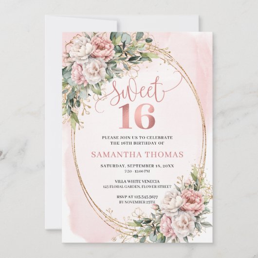 Pastel Pink Flowers Greenery 16th Birthday Invites Einladung (Vorderseite)