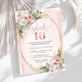 Pastel Pink Flowers Greenery 16th Birthday Invites Einladung