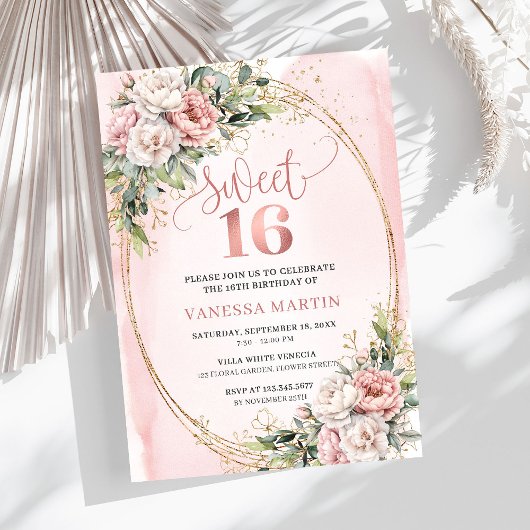 Pastel Pink Flowers Greenery 16th Birthday Invites Einladung